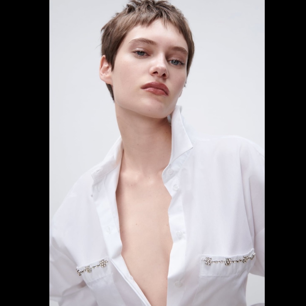 Zara White Jewel Detail Oversized Shirt - Picture 8 of 11